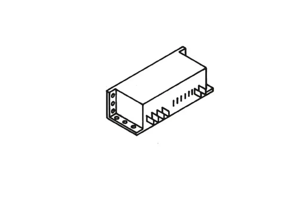 Zeichnung eines Automatikrelais mit Kabelsatz, hergestellt von Roth, in rechteckiger Form mit Anschlussleisten auf einer Seite und Kühlrippen auf der anderen Seite.